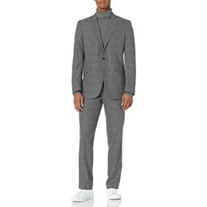 Kenneth Cole REACTION Men's 32" Finished Bottom Suit, Light Grey Plaid, 36R